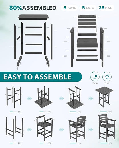 SERWALL 5 Pieces Outdoor Patio Bar Set, Tall Adirondack Bar Chair and Table Set, Gray