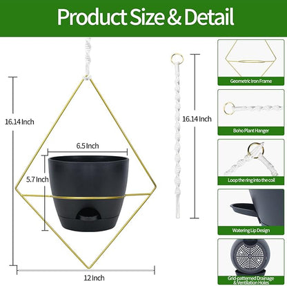 Hanging Planters for Indoor Plants, 2 Set Self Watering Hanging Flower Pots, Modern Hanging Plant Baskets with Metal Plant Holder & 6.5 Inch Plastic Pots for Garden Home Decor (Gold Frame Black Pot)