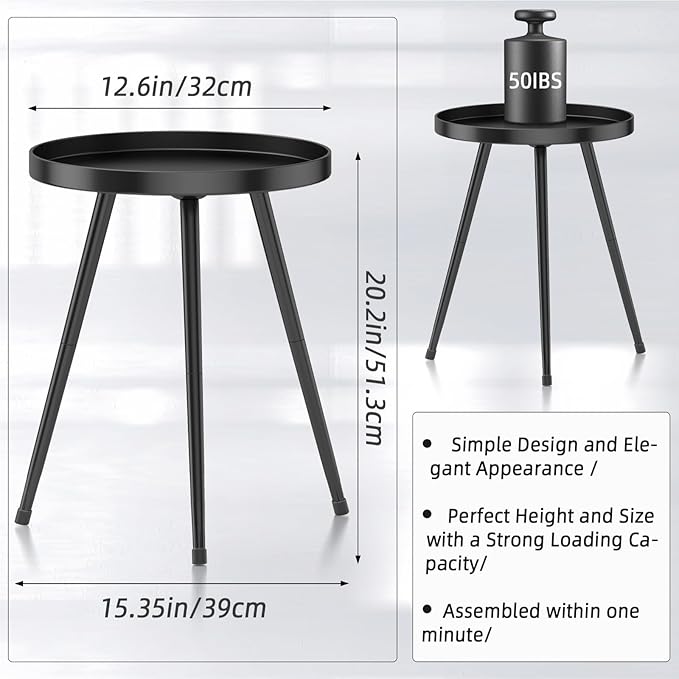 End Table: Round Black Metal Side Table, Mid-Century Style, 23-Inch Height