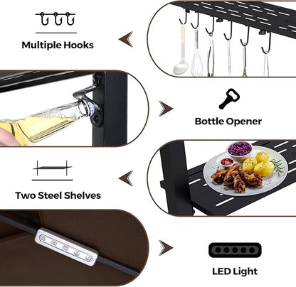 ABCCANOPY Grill Gazebo with Extra Awning - 11x5 Outdoor BBQ Canopy Shelter with 2 Led Lights for Patio Backyard Grilling (Coffee)