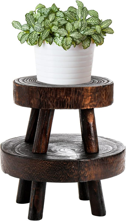 TOPZEA Set of 2 Mini Wooden Stool Display Stand, Wood Riser for Bonsai, Flower Pot, Small Potted Plant Stands Round Rustic Planter Stools Pedestal Risers for Garden, Patio, Home