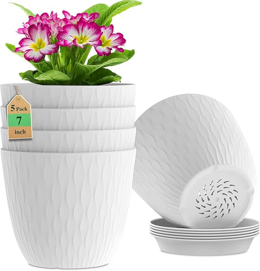 7 inch Plant Pots, 5 Pack Flower Pots with Drainage Holes and Saucers for Indoor Plants, Plastic Planters with Water Ripple for Small Garden House Plants, Nursery Pots for Succulent, White