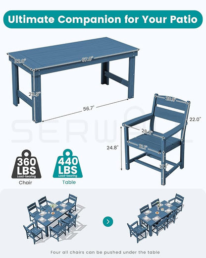 SERWALL Outdoor Dining Table Set, 67‘’ HDPE Patio Dining Set for 4, All-Weather Outdoor Table and Chairs Set for Deck, Blue