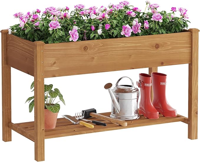 FILWH Raised Garden Bed with Legs Elevated Wooden Planter Box Stand Large Planter Stand Box for Fruits Vegetables Flowers with Divider with Bag - 48 * 24 * 30.5IN（Brown）