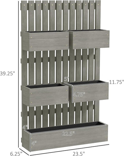 Outsunny 5 Box Raised Garden Bed with Trellis for Vine Flowers & Climbing Plants, 39" Tall Wall-Mounted Wood Planter Box Set with Adjustable Height, Drainage Hole, Gray