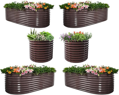 A ANLEOLIFE Set of 6, 30 Inch Extra Tall Galvanized Raised Garden Beds Kit, Large Oval & Round Metal Planters – Ideal for Backyard Vegetables Flowers Herbs, CaféBronze
