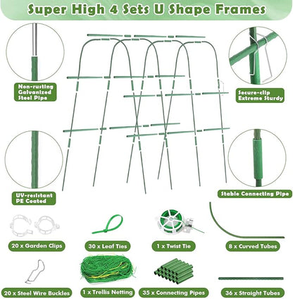 Cucumber Trellis for Raised Beds, 63 x 45 Inch U-Shaped Garden Trellis for Climbing Plants Outdoors with Climbing Net, Metal Detachable Arch Plant Support Vegetable Trellis