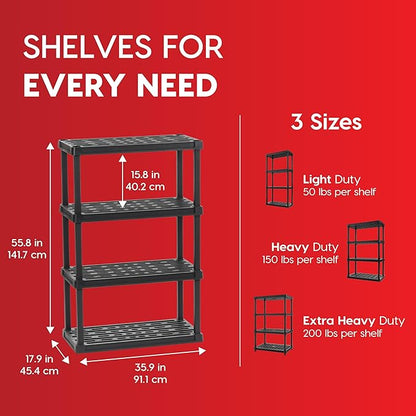 IRIS USA 4-Shelf Heavy Duty Plastic Storage Shelves, 600lb Capacity, 56" H x 36" W x 18" D, Large Modular Shelving Unit Storage Organizer for Garage, Home, Warehouse & Gym, Storage Rack - Black