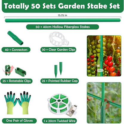 Cludoo 162PCS Garden Stakes Set with 50 Sets Fiberglass Plant Stakes Sticks Supports and Accessories, DIY 4ft 5ft 6ft 7ft Tomato Stakes for Tomato,Vegetables, Pepper, Fences Indoor Outdoor Plants