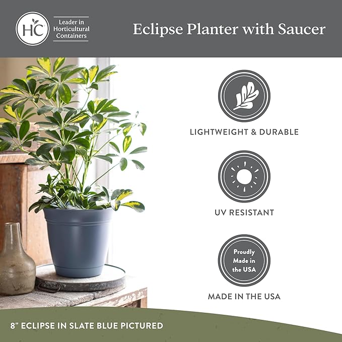 The HC Companies 10 Inch Eclipse Round Planter Pots with Drainage Holes & Attached Saucer, Lightweight UV-Resistant Plastic Indoor & Outdoor Planters, 2-Pack Flower Pots, Garden Home Decor, Warm Gray