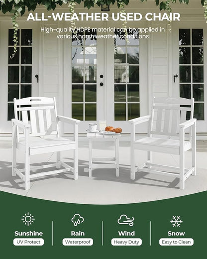 Patio Chairs Set of 2, HDPE Outdoor Dining Chairs with Wide Seat, All Weather Oversized Porch Chair for Garden, Backyard, Deck - White