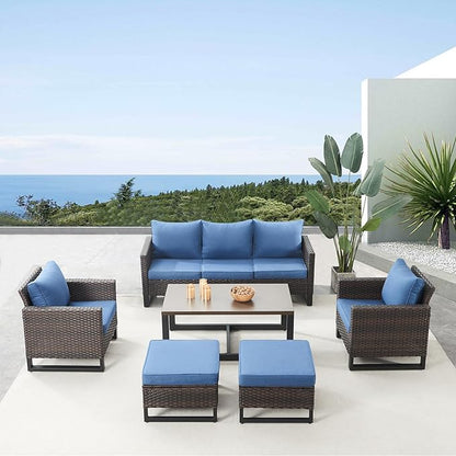 Belord 6 Piece Outdoor Furniture Patio Wicker Sofa Set, Oversize Outdoor Dining Chairs with Rattan Ottomans, Conversation Sets Patio Furniture Come with Removable Washable Cushion Blue, Brown