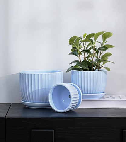 Ton Sin Sky Blue Ceramic Flower Pots, 4"+5"+6" Inch Small Succulent Planters with Drainage Hole,Modern Indoor Decorative Plant Pots Set of 3,Garden Pots with Saucer(Blue)