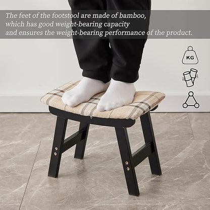 Foot Stool,Ottoman,Bamboo Small Sofa Foot Rest Under Desk,Extra Seating for Living Room, Bedroom and Kitchen (Black Stool Legs - Stripes Surface)