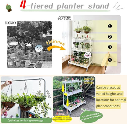 lumizone Foldable 4-Tier Plant Stand Indoor Outdoor Hanging Plant Shelf No Assembly Required Pot Placement Area With Wheels Sturdy Fall Prevention Storage Shelf Flower Pot Stand(4 Tier-White)