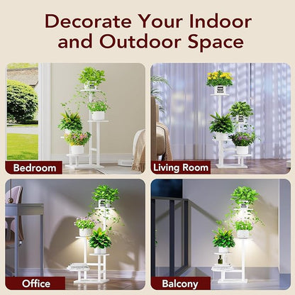 Plant Stand Indoor with Grow Light, 4-Tiered Tall Plant Stand Indoor, Metal Plant Shelf with Adjustable Light, Ideal for Living Room, Garden, Patio white