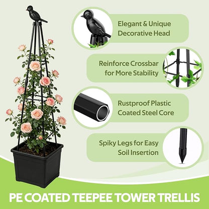 2 Pack Garden Trellis for Climbing Plants Outdoor - Rustproof Plastic Coated Steel Core Tower Obelisk Trellis - Metal Teepee Trellis Vertical Plant Support for Vines Vegetables Flowers Indoor