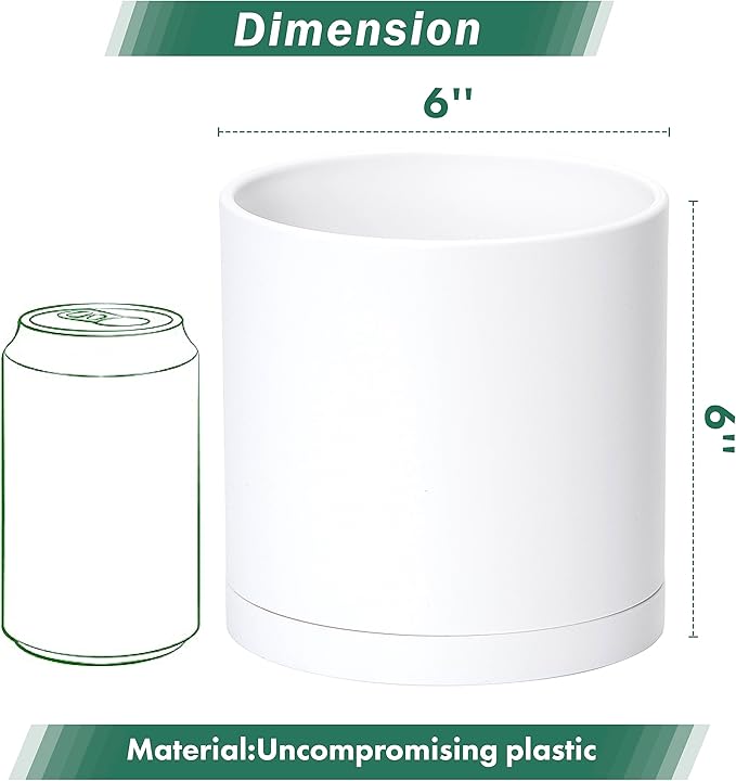 Planter Pots, Set of 2 Matte White Plastic with 6-Inch Modern Design