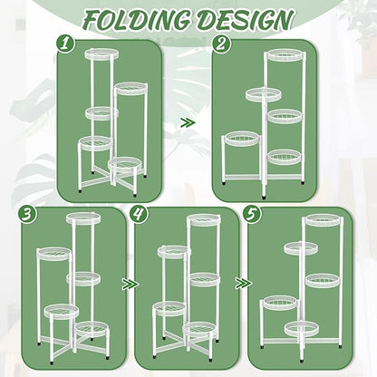 iDavosic.ly Plant Stand Indoor Outdoor, 5 Tier Corner Metal Flower Display Holder Shelf, Easy Assembly Folding Tall Orchid Rack for Patio Balcony Porch Garden Living Room House, Wrought Iron - White