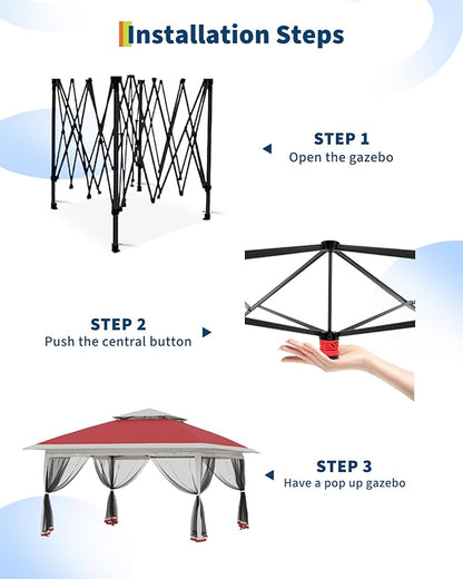 Canopy Tent 13x13 ft, Pop Up Gazebo One-Push Setup with 4 SandBags for Backyard Parties and BBQs, Mosquito Netting & Height Adjustable - Red