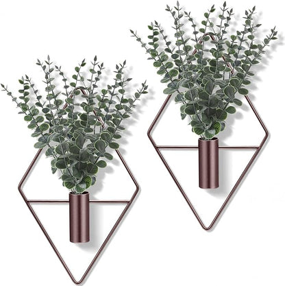 Jexine 4 Pcs Hanging Planters with Artificial Eucalyptus Metal Hanging Vase Indoor Plants Holder Modern Geometric Boho Bathroom Wall Decor for Living Room Home Office, Bronze