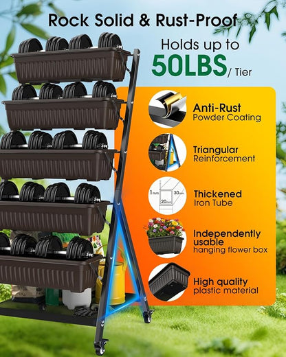 5-Tier Vertical Garden Bed Planter Boxes with Wheels, Drainage System & Storage Space, Mobile Vertical Garden Planter with 5 S-Hooks for Plants Vegetables Flowers Herbs in Garden Patio Yard