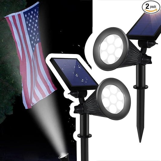 Solar Spotlights, Outdoor Ground Spot Light for Flag Pole, Bright 7-LED Dusk-to-Dawn Waterproof Landscape Flagpole Lights, 2-in-1 Adjustable Solar Powered Lighting for Tree Garden Yard (2 Pack, White)