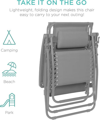 Best Choice Products Folding Zero Gravity Outdoor Recliner Patio Lounge Chair w/Adjustable Canopy Shade, Headrest, Side Accessory Tray, Textilene Mesh - Dove Gray