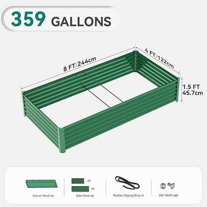 YITAHOME 2pcs 8x4x1.5 in Galvanized Raised Garden Bed Kit, Large Metal Planter Box with Gloves, Safety Rubber & Support Rod, Outdoor Flower Bed for Plants Vegetables, Green