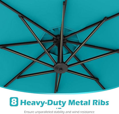 Tangkula 10ft Solar LED Patio Umbrella with Base, Offset Cantilever Outdoor Umbrella with 32 LED Lights, Infinite Tilt, 360 Degree Rotation, Crank Handle for Pool Deck Garden Backyard (Turquoise)