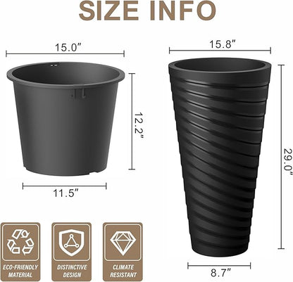 Kante 29 Inch Tall Planter Set of 2, Round Spiral Textured Flower Pots, Decorative Plant Pots for Outdoor Indoor Garden Patio Front Porch (Black)