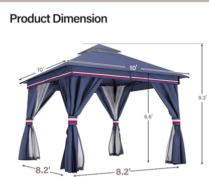 LAUSAINT HOME Semi-Permanent Outdoor Patio Gazebo 10'x10', Heavy Duty Party Tent Shelter with Double Roofs, Mosquito Nettings and Privacy Screens for Backyard, Garden, Lawn, Classic Blue