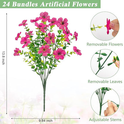 Bassion Artificial Flowers for Outdoors, 24 Bundles UV Resistant Fake Flowers Realistic Silk Faux Plants for Outdoor Planter Window Box Porch Patio Garden Home Outside Decorations