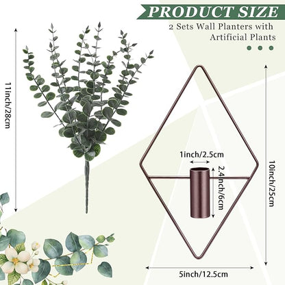Jexine 8 Pcs Hanging Planters with Artificial Eucalyptus Metal Hanging Vase Indoor Plants Holder Modern Geometric Boho Bathroom Wall Decor for Living Room Home Office, Bronze