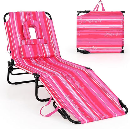GYMAX Tanning Chair, 350lbs Beach Lounge Chair with Face Hole, Washable Pillow & Carry Strap, Adjustable Folding Chaise Lounge, Layout Lounger for Outside, Patio, Poolside, Lawn (1, Pink Stripe)