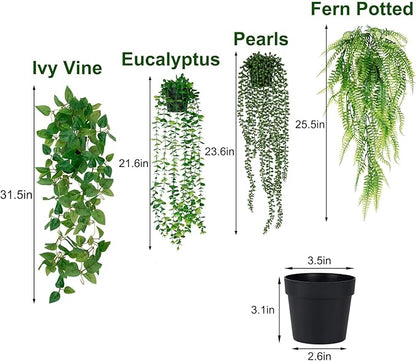 4 Pack Artificial Plants Wall Hanging Fake Plants Indoor for Shelf Boho Faux Eucalyptus Ivy Vine House Plants for Living Room Wall Backdrop Outdoor Decor