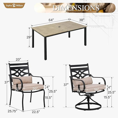 Sophia & William Outdoor Patio Dining Set for 6 | Outdoor Table and Chairs | Removable Seat Cushions | 4 Fixed Chairs | 2 Swivel Patio Dining Chairs | 64" Metal Tabletop with Wood Texture