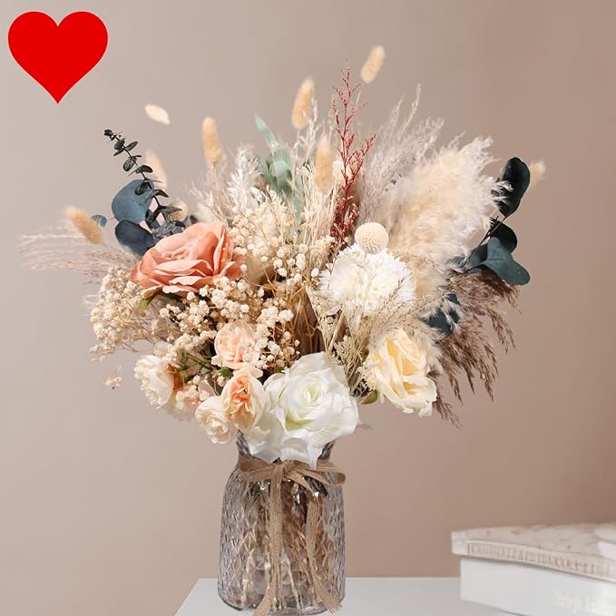 Artificial Flowers with Dried Pampas and Vase, 100 Pieces, Neutral