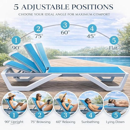 Kozyard Outdoor Chaise Lounge Chair, Full Flat Adjustable Patio Lounger with Aluminum Frame & Resin Legs, Textilene Fabric for Poolside, Backyard & Beach (Aqua/WhiteFrame, 2Chairs + Table)