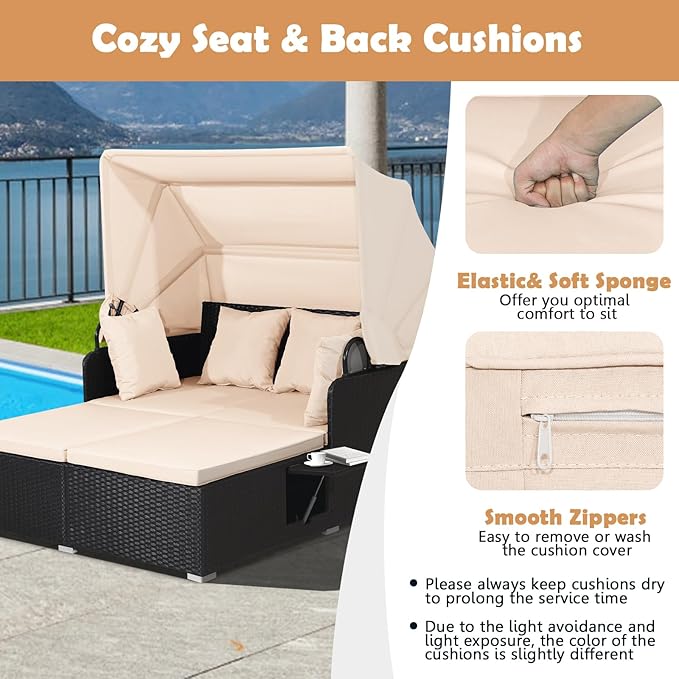 Tangkula Patio Rattan Daybed with Retractable Canopy, Outdoor Wicker Sunbed Lounger with 2 Foldable Side Tables, Thick Seat & Back Cushions, Outside Double Daybed for Garden, Backyard, Porch