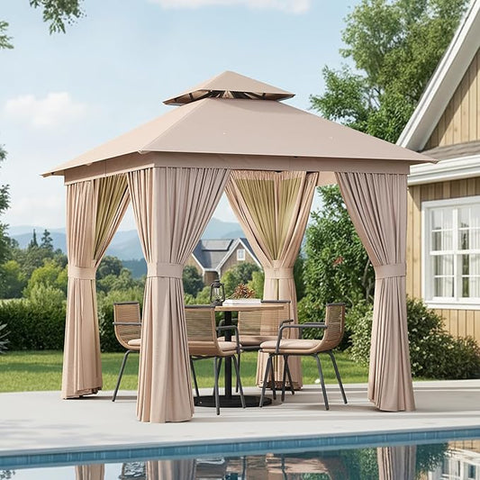 AOXUN Outdoor Gazebo for Patio 8x8 Metal Frame Canopy with Double Roofs Heavy Duty Party Tent and Shelter with Mosquito Netting and Privacy Screen for Backyard, Lawn, Garden, Deck (Khaki)