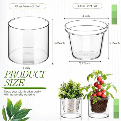 Baderke 2 Pcs 4 Inch Self Watering Pot for Indoor Plants Clear Glass Planter Small Plant Pot with Saucer Reservoir Drainage Holes Bottom Watering Pot for African Violet Orchid Flowers Houseplant