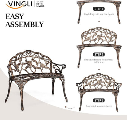 VINGLI 38.5" Patio Park Garden Outdoor Metal Rose Bench, 2-Person Cast Iron Cast Aluminium Frame Antique Finish Chair,Accented Lawn Front Porch Path Yard Decor Deck Furniture (Bronze, Rose)