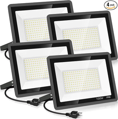 4 Pack 100W LED Flood Light,Super Bright Exterior Security Lights With Plug,IP66 Waterproof Outdoor Flood Light, 11600lm 5000K Daylight White Floodlight for Yard, Garden,Basketball Court, Arena
