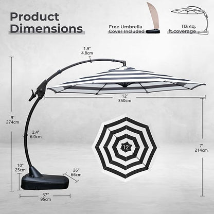 Grand patio 12FT Outdoor Round Offset Umbrella Large Patio Aluminum Cantilever Umbrella with Base for Garden Deck Poolside (Black & White, 12 FT)