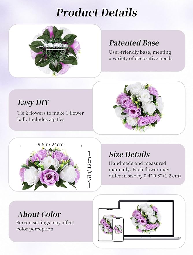 Artificial Flower Balls, Lilac and White Silk Rose Centerpieces