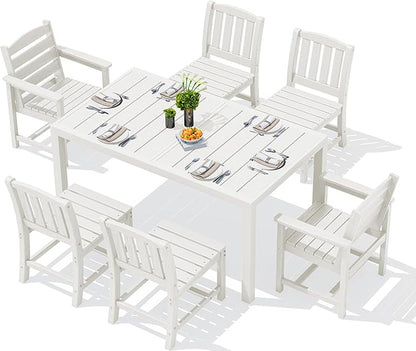SERWALL 7-Piece Outdoor Dining Set, 60" - 83" Expandable Outdoor Dining Table and 6 HDPE Chairs, All Weather HDPE Outdoor Furniture Set for Backyard, Garden, White