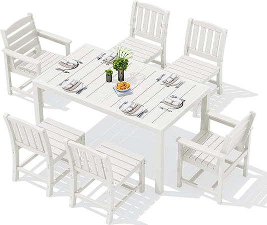 SERWALL 7-Piece Outdoor Dining Set, 60" - 83" Expandable Outdoor Dining Table and 6 HDPE Chairs, All Weather HDPE Outdoor Furniture Set for Backyard, Garden, White