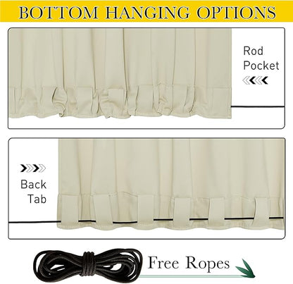 NICETOWN 2 Panels Outdoor Curtains Waterproof Pocket & Back Tab on Top & Bottom, Thermal Insulated Windproof Sun Blocking Outside Privacy Drapes for Patio with Fixed Rope, W52 x L84, Beige