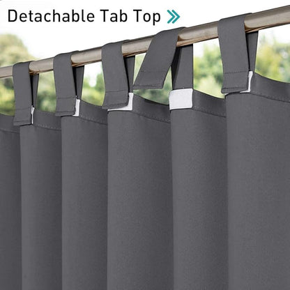 NICETOWN 2 Panels Patio Curtains Outdoor Waterproof 84 Long, Detachable Sticky Tab Top Heavy Weight Blackout Sunblock Window Treatment, Keep Privacy for Gazebo/Dock, W52 x L84, Grey